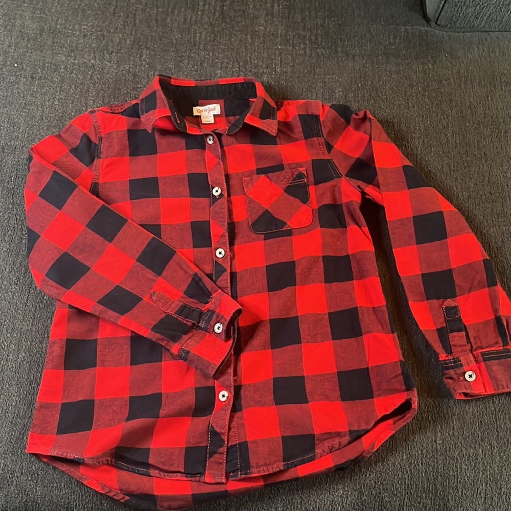 Cat & Jack Buffalo Plaid Button Down Collared Shirt Girls  L (10/12) Black Red